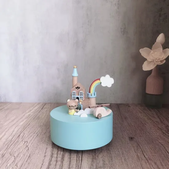 Nouveau design en bois arc-en-ciel avion ciel château boîte à musique jouet